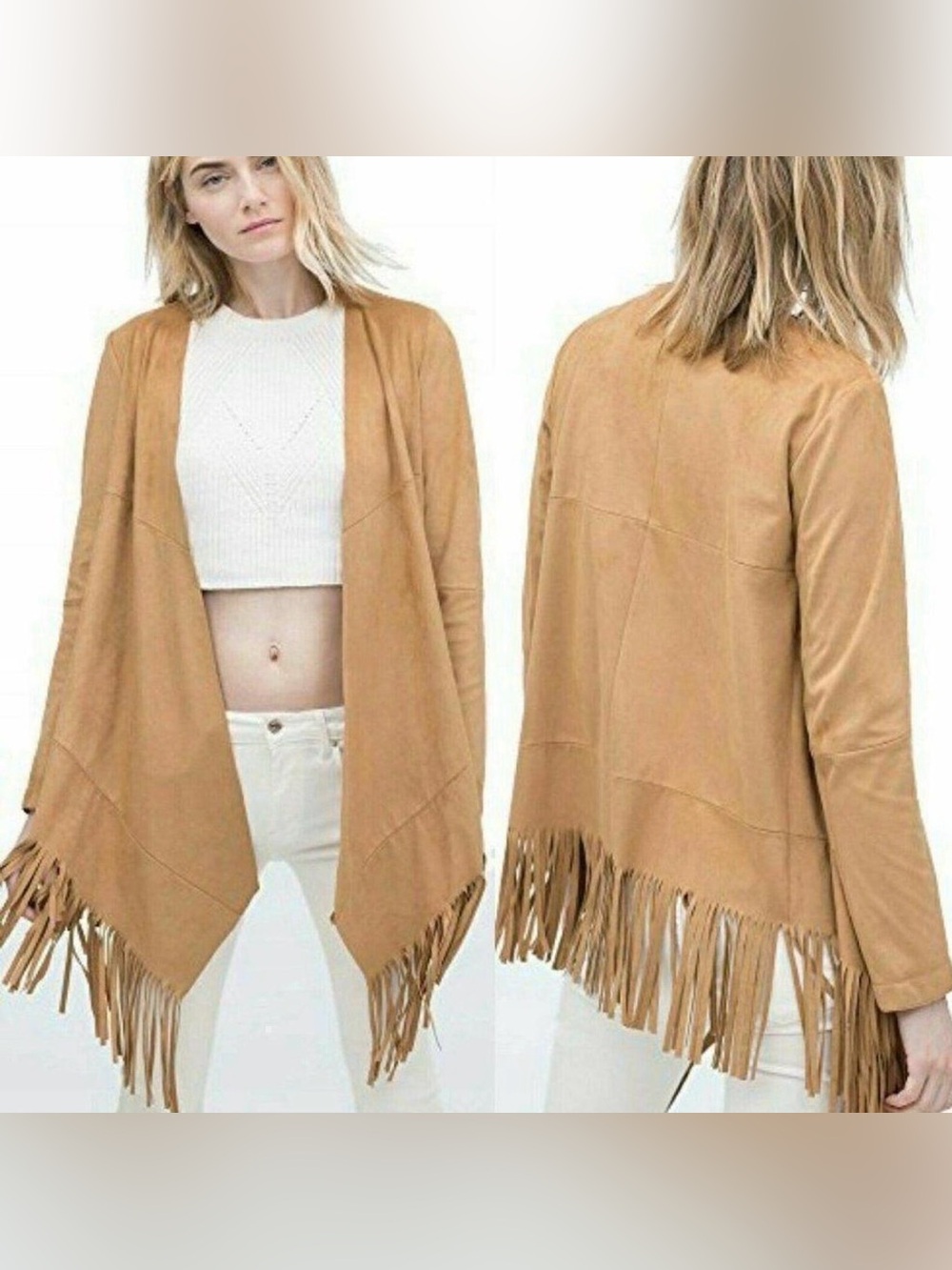 Zara Tan Fringe Open-Front faux Suede Jacket, Size S